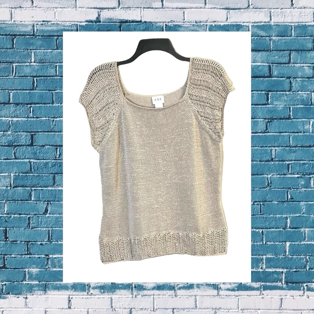 C.L.C Beige Kahki Top w Crocheted Sleeves Women Large